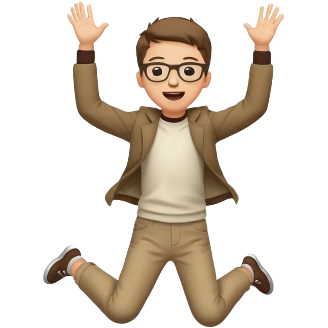 Very excited boy, jumping for joy, full body, eyes closed, wearing glasses emoji