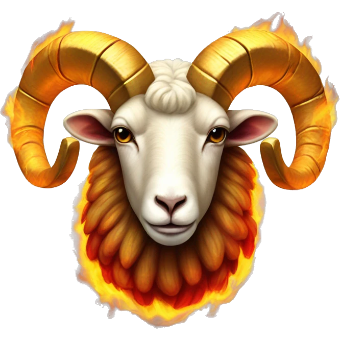 Realistic ram on fire made of burning realistic fire flames red yellow flaming wool Aries goat ram with golden horns fiery fur emoji