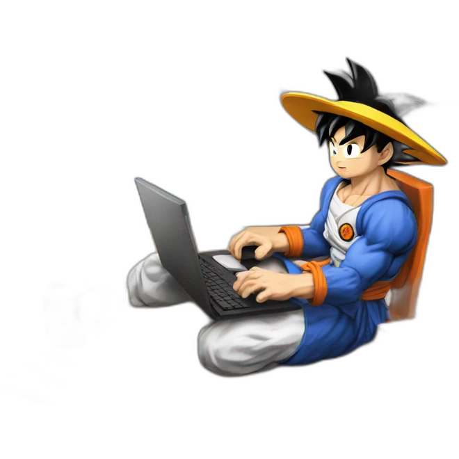 Goku sitting on his desk coding with the Rockies mountain in the background emoji