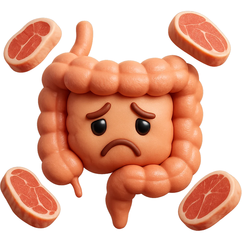 emoji stile iphone in 3d di un intestino triste con fette di carne che gli fluttuano intorno, iperrealistico 4k emoji