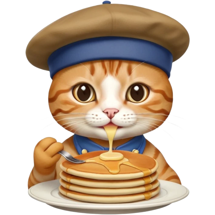 A cat wearing a beret while eating a pancake emoji