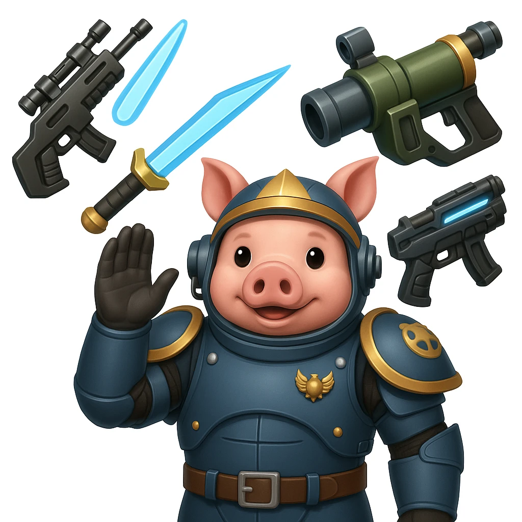 Add more sci-fi weapons to the pig Helldiver, such as futuristic rifles, energy swords, or grenade launchers, in the style of emoji (apple style emojis). emoji