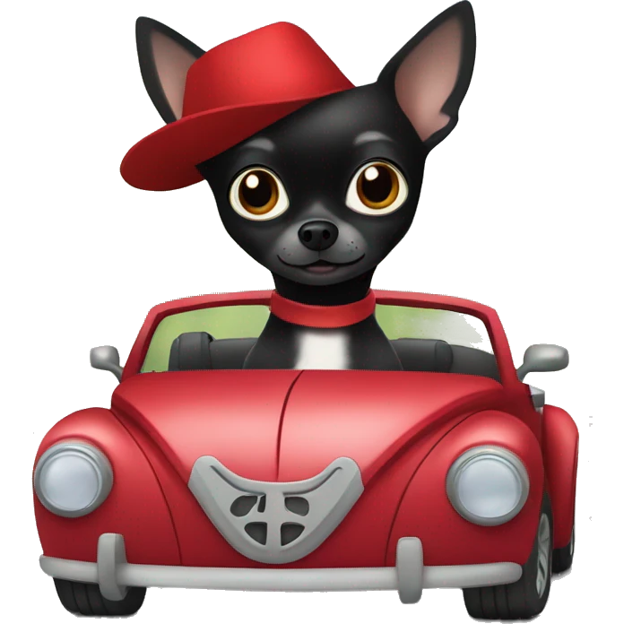 black chihuahua in a red beetle convertible emoji