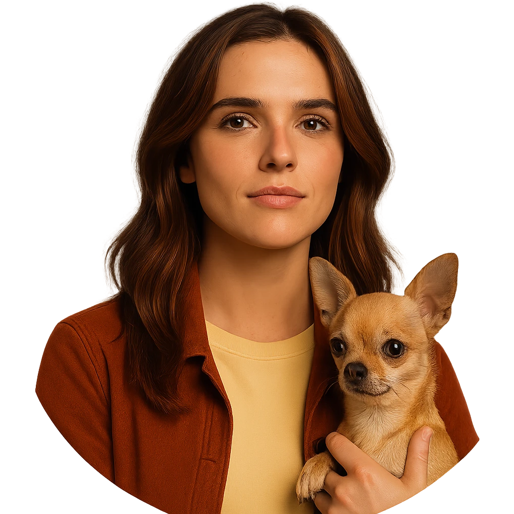 Create a centered portrait for an Instagram profile image inspired by the facial features visible in the reference images of Zoe Deutch. The subject has a tanned complexion with subtle freckles, wearing a shirt in color #FFF8CA and a rust-colored jacket. Hair is medium-length brown with auburn highlights. The expression is proud and confident. The subject is holding an expressive and cute beige-brown chihuahua. The style is inspired by a Netflix series with an intimate and expressive atmosphere reminiscent of Tenerife. The background should be transparent. emoji