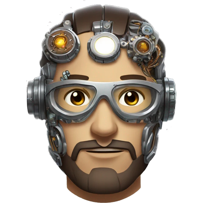 male cyborg head with brown short  hair, brown beard, silver steampunk goggles and circuits emoji