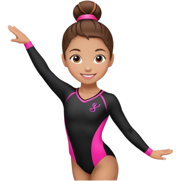 Happy female gymnast with brown hair in a neat bun, wearing a black uniform with neon pink elements. emoji
