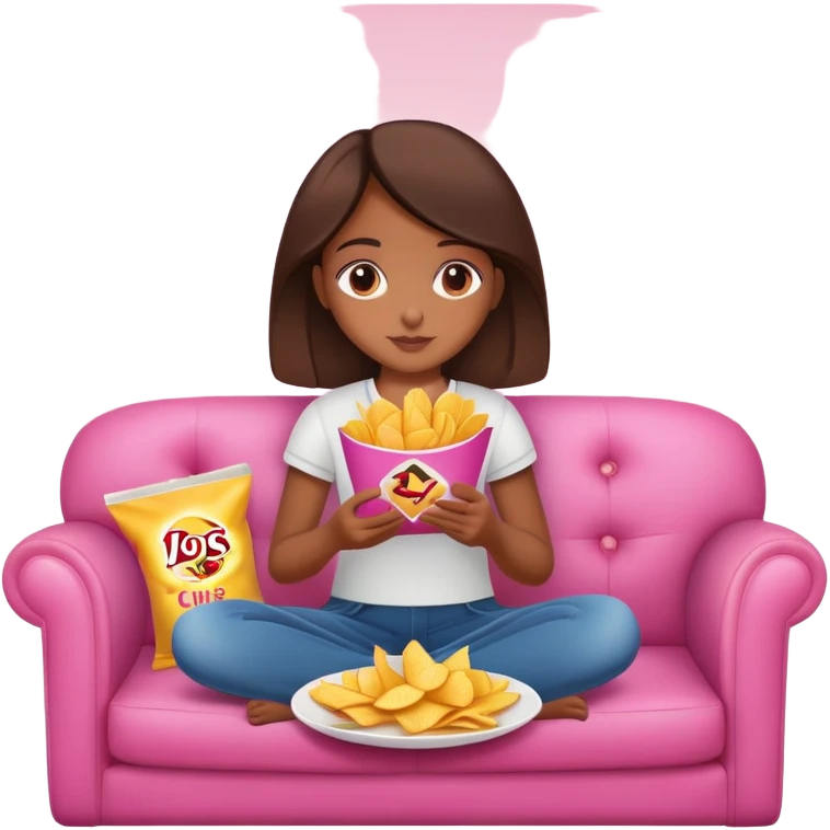 home brown girl with plate of chips, sitting at the pink sofa emoji