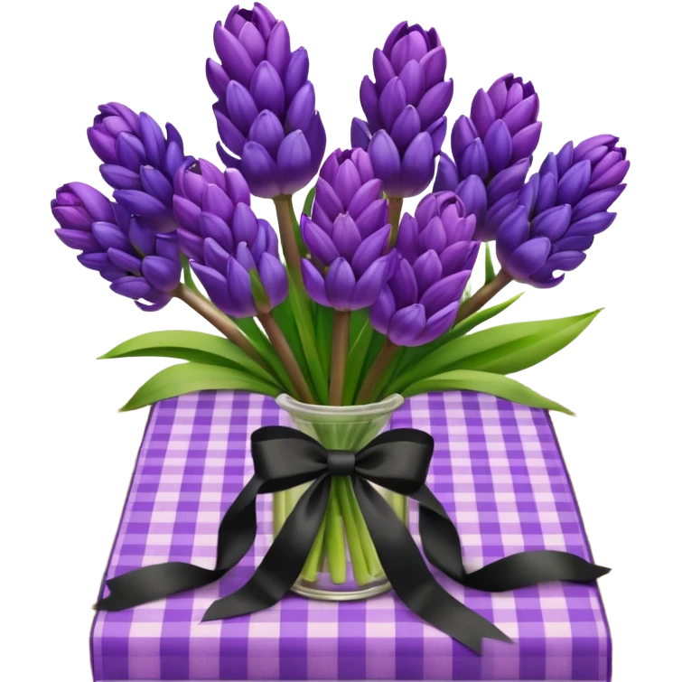 A lush bouquet of bright prple color Hyacinths black satin ribbon, resting on an antique wooden table, with a pale yellow and pink plaid pattern table cloth emoji