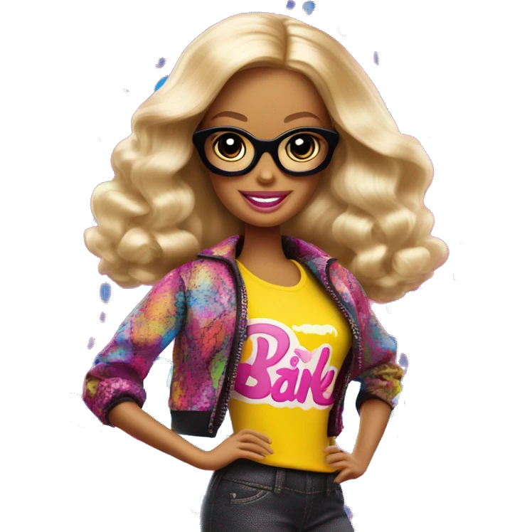 An image of a Barbie doll wearing a stylish outfit with the word 'Barbie' written across the clothing, set in a fun, vibrant background emoji