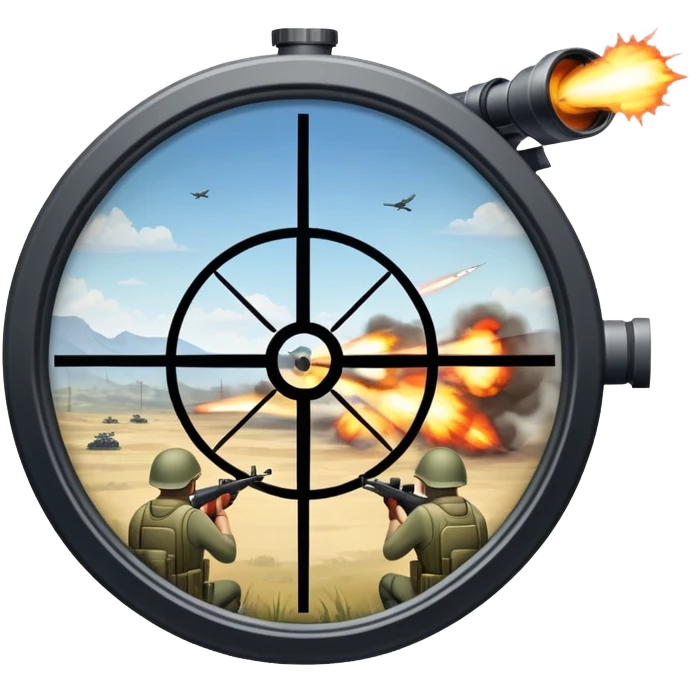 An icon symbolizing first-person shooter games. The design features a circular sniper scope view with crosshairs aimed at a distant target. The background shows a battlefield with soldiers and explosions, capturing the action-packed intensity of FPS games. Transparent background. emoji