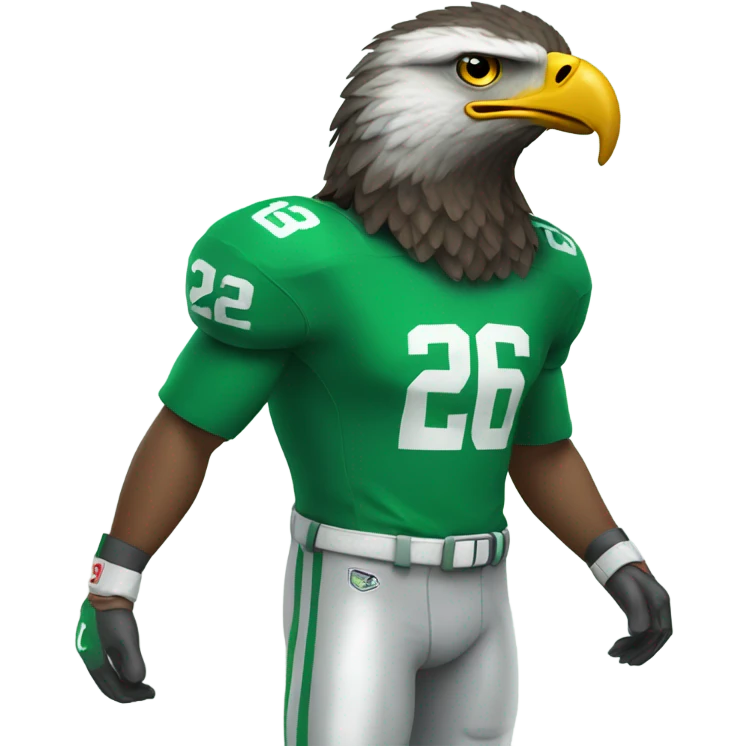 Eagle wearing a #26 green football jersey and green helmet emoji