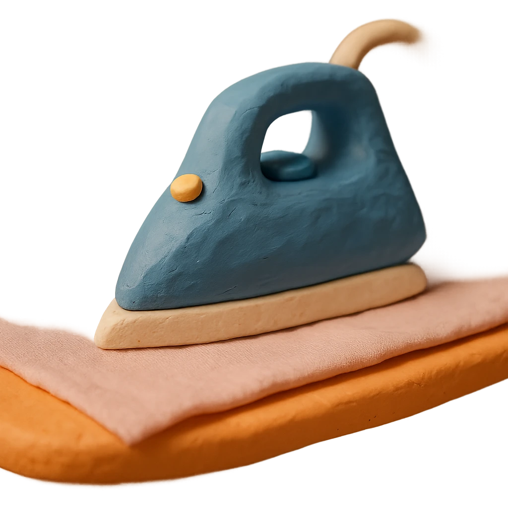 close-up of iron gliding over fabric on ironing board, soft lighting, pastel colors, claymation style emoji
