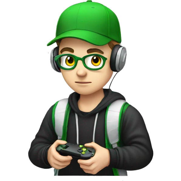 White boy gamer wearing air-pods, wearing a green hat emoji