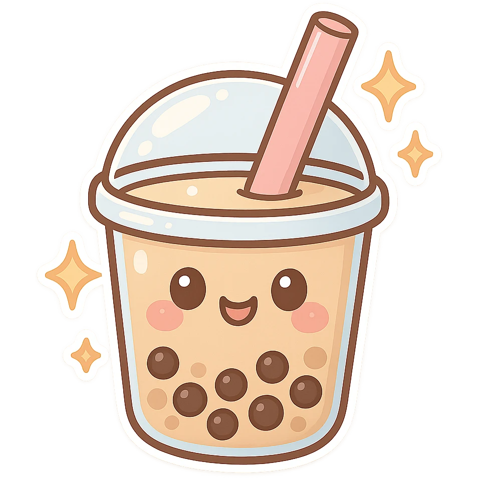 chibi sticker-style bubble tea with sparkles, cute and exaggerated emoji