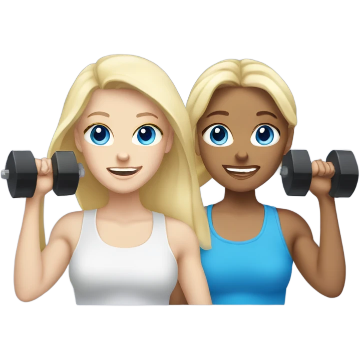 Two white blonde girls with blue eyes lifting weights together emoji