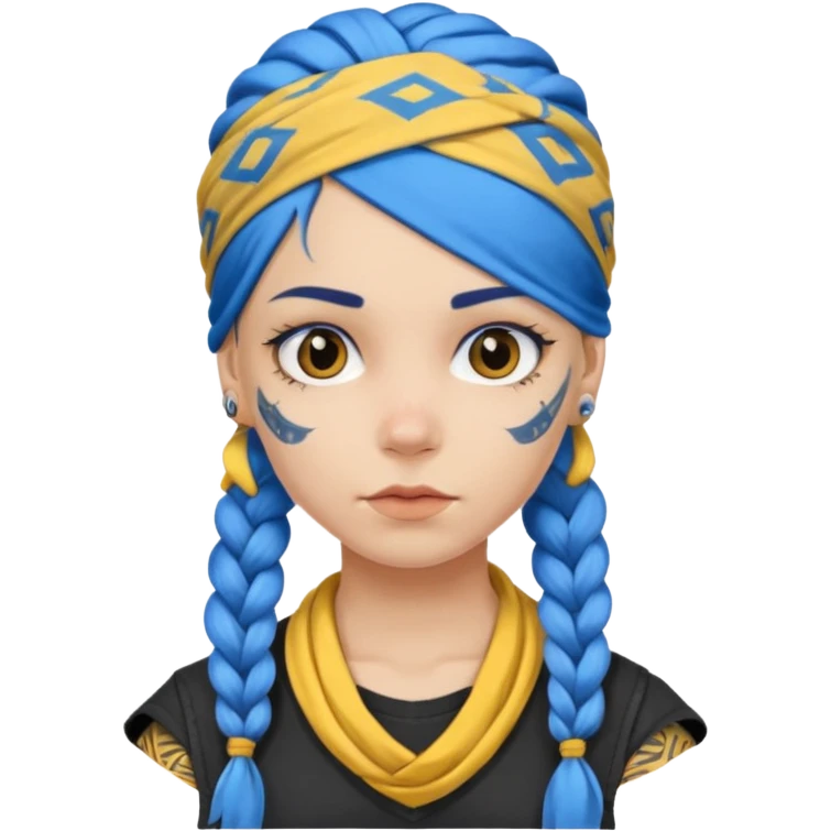 blue braided hair with yellow head bandana and lots of face tattoo girl emoji