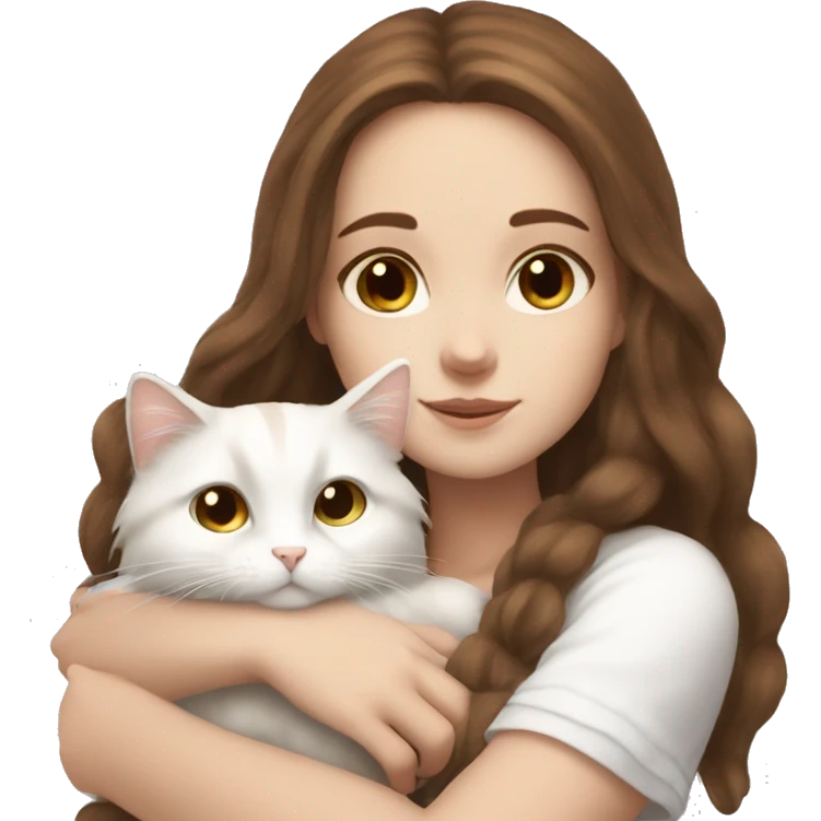 White girl with long brown hair snuggling fluffy white cat emoji