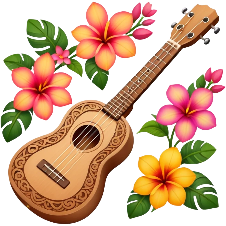 Ukulele with Polynesian carvings laying on flowers emoji
