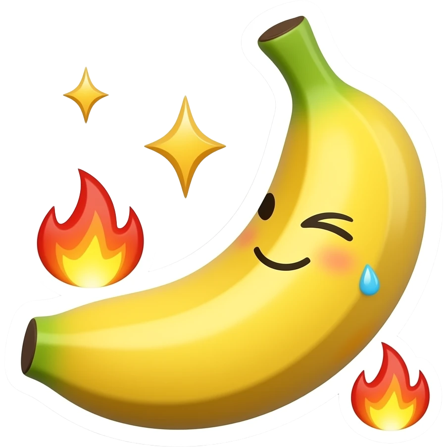 A glossy 3D banana emoji sticker with a cheeky wink, shiny texture, tiny hearts, sparkles, sweat drops and small flames, playful spicy fruit humor, clean transparent background, soft shadow, high quality, no text, no watermark, non-explicit emoji