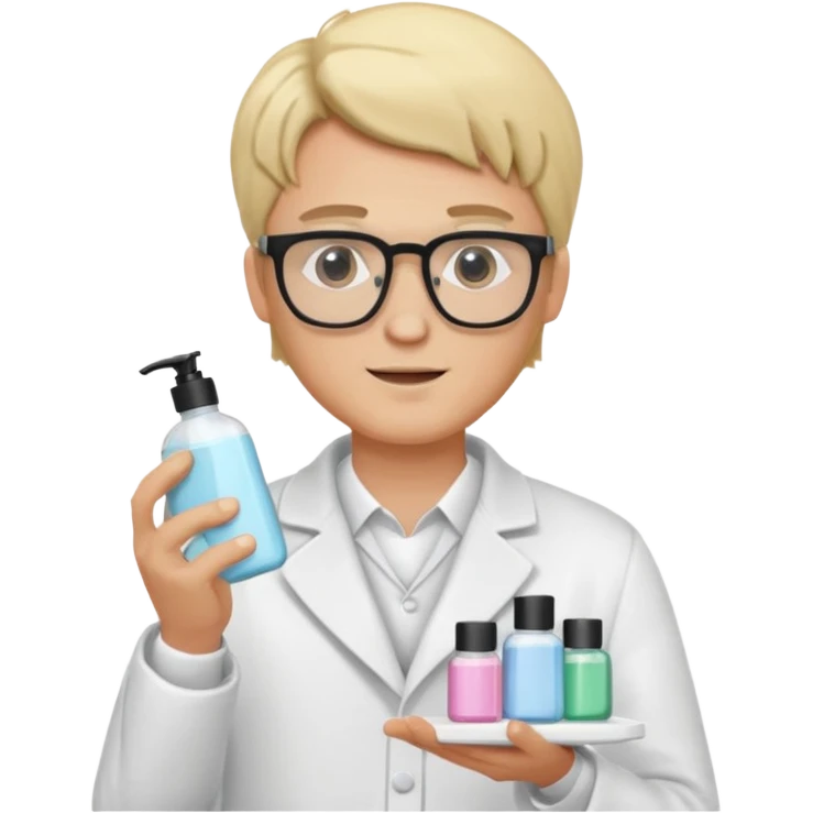 blonde man with white coat and glasses holding skincare products emoji