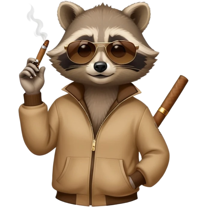 friendly anthropomorphised raccoon in a Sopranos-style mafia tracksuit, wearing dark sunglasses, holding a cigar, relaxed pose emoji