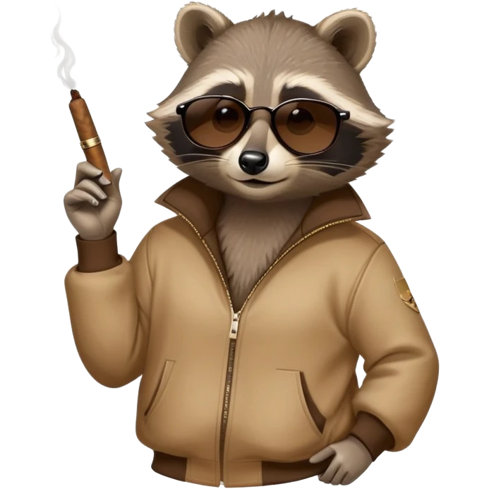 friendly anthropomorphised raccoon in a Sopranos-style mafia tracksuit, wearing dark sunglasses, holding a cigar, relaxed pose emoji