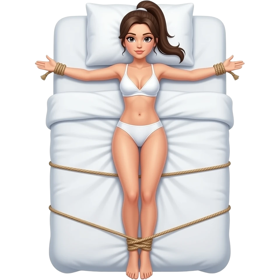 woman in white underwear with ponytail on bed with arms and legs tied with rope shibari emoji