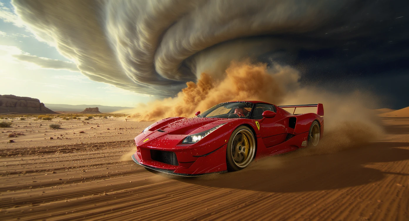 Cinematic still of a ferrari f40 around tornado od arizona desert, sun flare, captured by gopro hero with effect fisheye, water drops on car body, detailed, inspired by interstellar look, captured by a Super-16 emoji