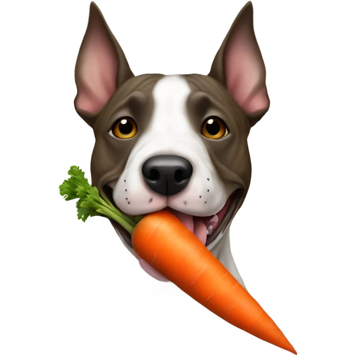 Brindle Bull terrier with a carrot toy  in mouth like a cigar only one carrot  emoji