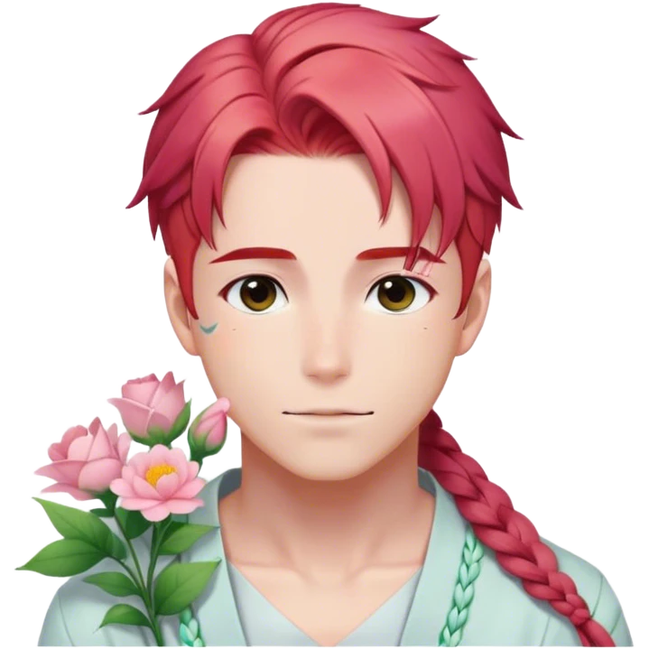 Gorgeous pastel red hair with a thin braid on the side anime style handsome sexy gojo guy with blushing face and flowers aesthetic trending style outside emoji