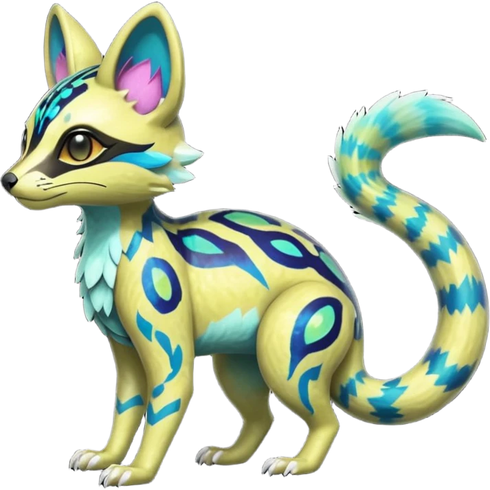 Rare realistic neon-colored iridescent shiny warm-colored lush tropical exotic cute epic pretty beautiful handsome gorgeous aesthetic colorful vibrant Vernid-Protogen-Primagen-Wickerbeast-Genet-Trico-species-Fakemon-hybrid-creature by LiLaiRa, beautiful intricate markings, full body emoji