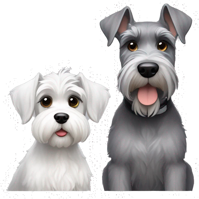 A young big gray schnauzer with dark eyes next to a small all white puppy schnauzer emoji