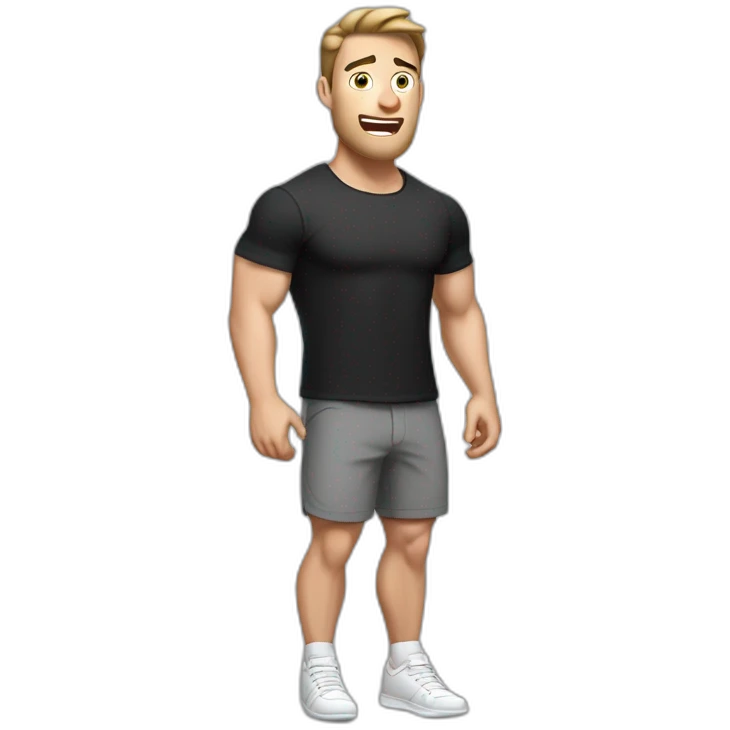 amazed Open with surprise mouth Pale skinned Fit Man With the biceps and dark brown hair in black shirt, gray sports shorts and white Sneakers emoji