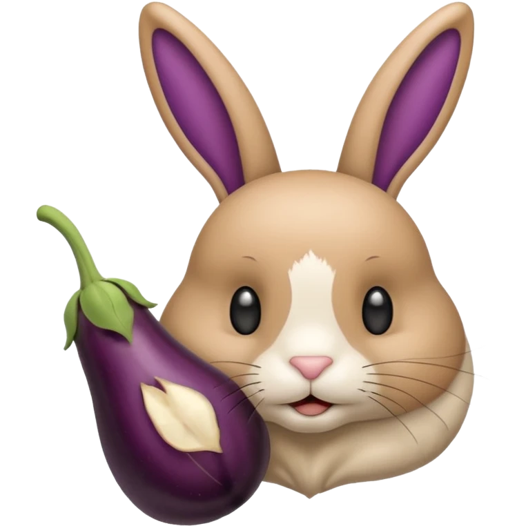 Un lapin beige qui a les oreilles qui tombent  avec une aubergine sur la tête emoji