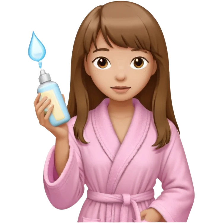 a girl with light skin and medium brown long hair with bangs who is applying lotion to her body show her whole body in a light pink bathrobe  emoji