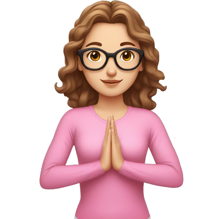 White girl dressed in pink and white, with wavy brown hair, brown eyes and black glasses doing yoga emoji