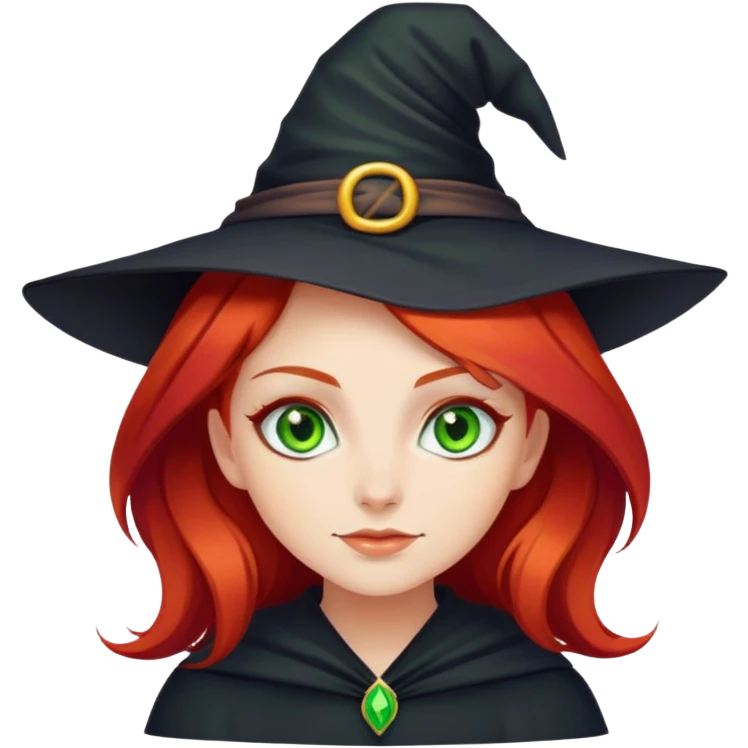 green eyed girl with red hair. some emoji make it look like she is a witch emoji