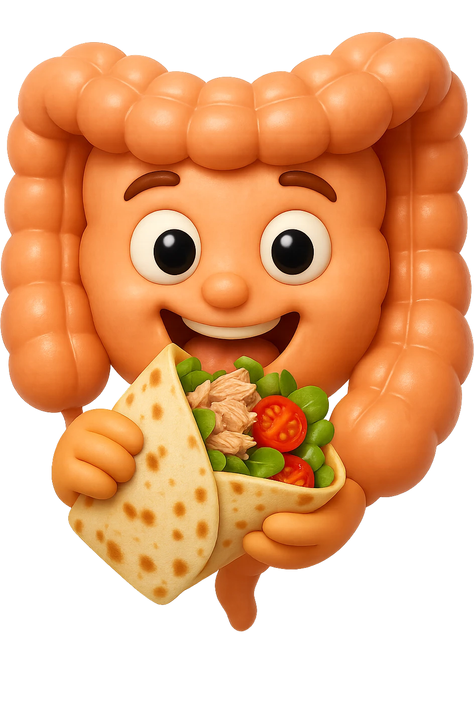 EMOJI STILE IPHONE DI un intestino che mangia una piadina con tonno, valeriana e pomodorini, iperrealistica 4k emoji