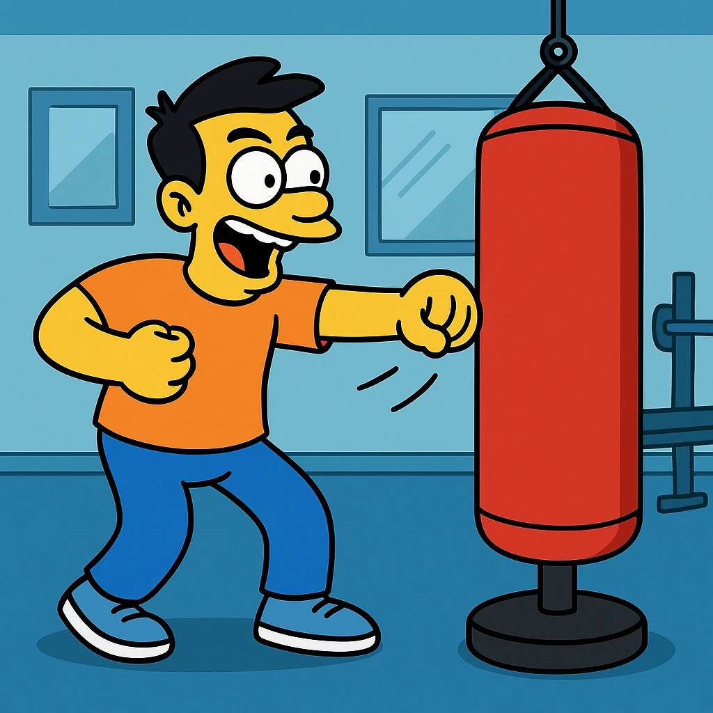 Hit a punching bag – to punch a padded bag for exercise or stress relief.
He went to the gym to hit a punching bag and blow off steam. Background Gym
 emoji
