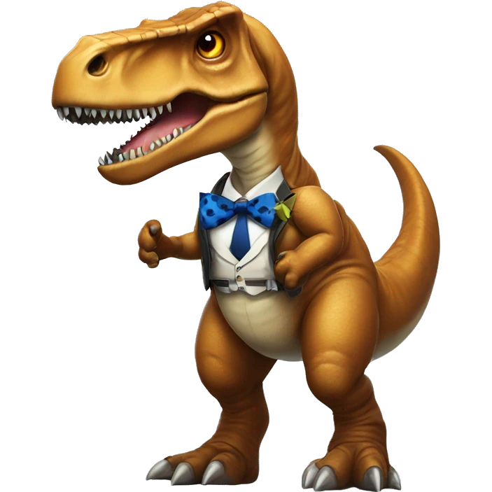 A giant T. rex dawning tactical gear and a bow tie emoji