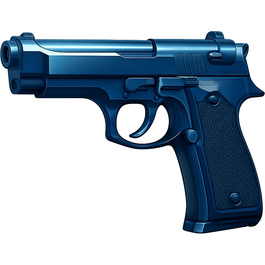 Remove the heart shape and motifs from the photorealistic blue pistol, making it a standard realistic pistol with a glossy finish on a white background. Maintain photorealistic style with a glossy finish and clean white background. emoji