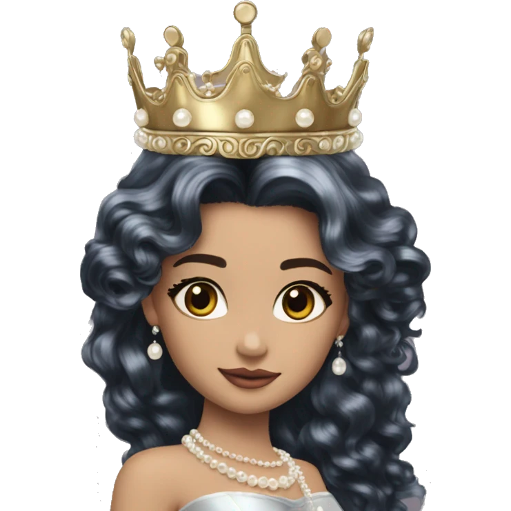 Regal pretty woman defined cheekbones crown vintage with very long iridescent black and silver hair wavy black hair pearl crown iridescent emoji