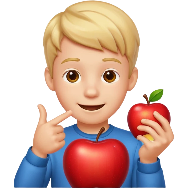 a boy pointing down at his toy, cheerful expression, apple style emoji emoji