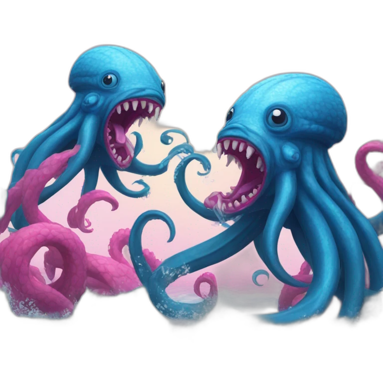 a blue kraken fighting  with another pink kraken emoji