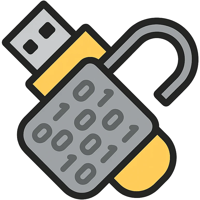 USB drive tilted down-left merged with the body of a broken lock forming a single transparent object in gray and black tones, with clear gray 1s and 0s inside the merged shape emoji