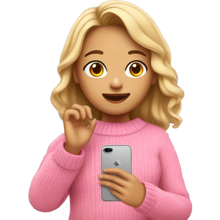 A girl in a pink sweater takes a selfie on her phone emoji