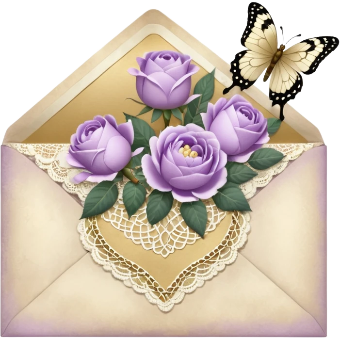 A delicate still life of an aged love letter sealed with golden wax, placed on a vintage lace doily, accompanied by a bouquet of pale purle roses and white peonies, with a shimmering pearl butterfly resting on the envelope. emoji