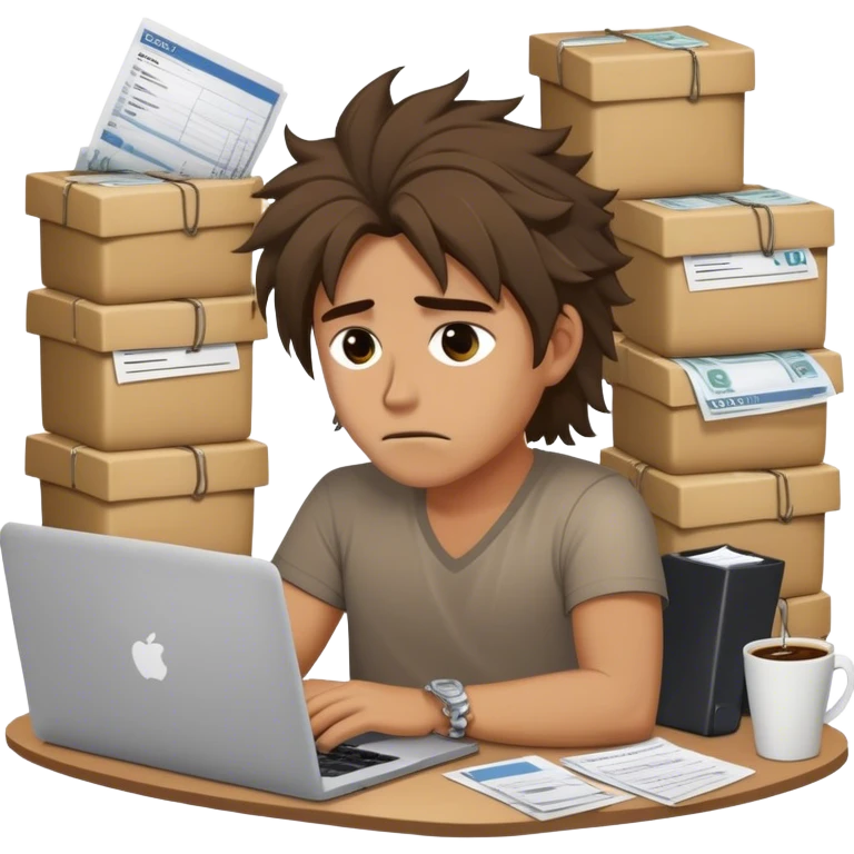 Create an emoji of an exhausted entrepreneur chained to their laptop, with stacks of invoices around them. They have tired eyes, messy hair, and a cold coffee next to them, symbolizing endless work without real progress. emoji