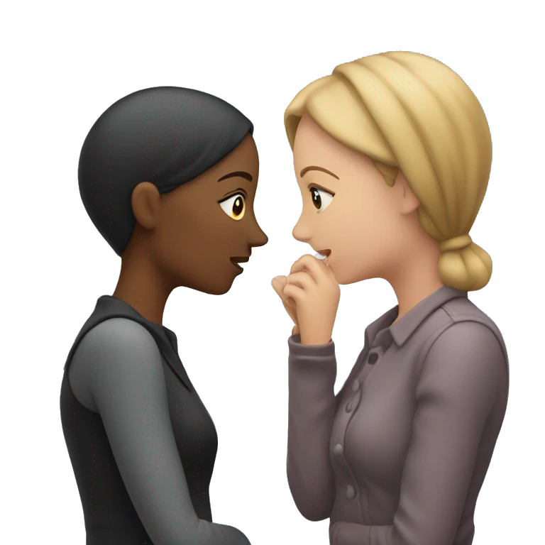 One woman whispers into the ear of another woman closing by hand emoji