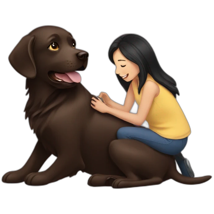Chocolate labrador playing with woman long black hair emoji
